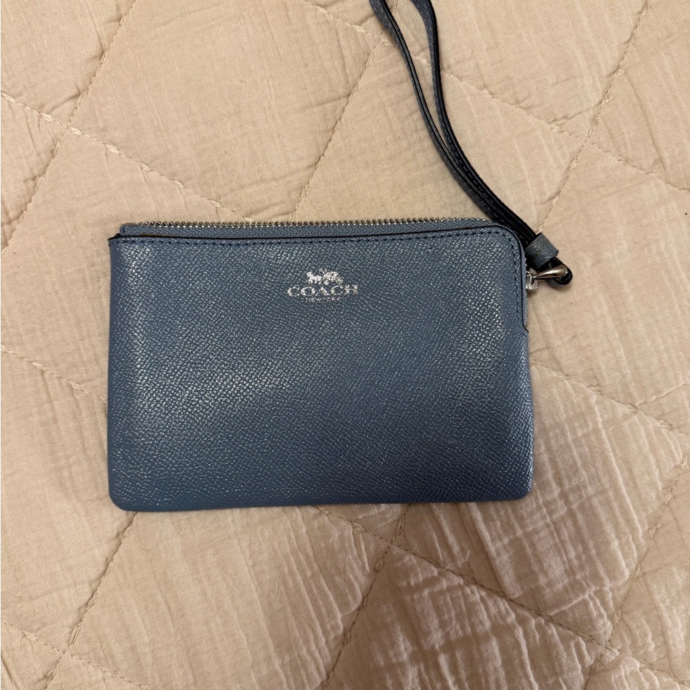 Coach Navy Leather Wristlet with Silver Logo Accent